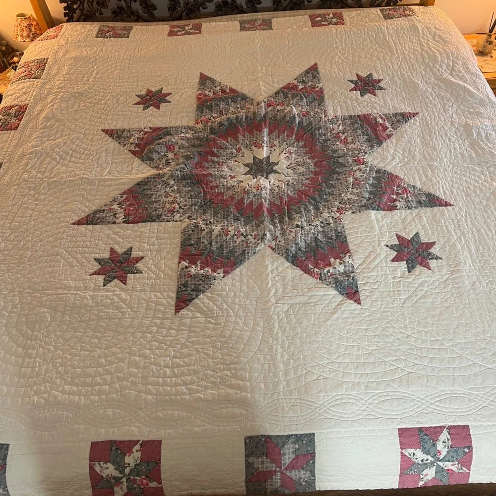 VTG quilt Lone Star Patchwork Quilt Pink Blue Floral Farmhouse Bedding 81